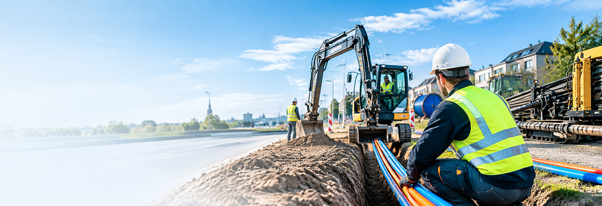 Bauleiter mit Bagger auf einer Tiefbaustelle für den Glasfaserausbau